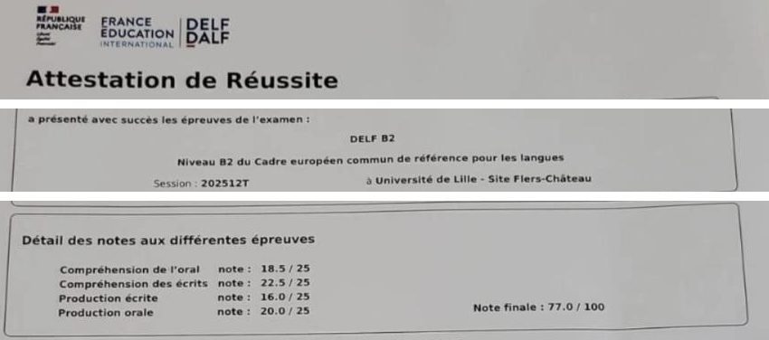 Extrait de l’attestation de réussite DELF B2 de Warda, note finale 77/100